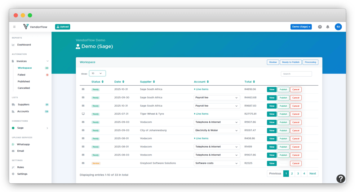 VendorFlow inbox showing captured supplier invoices ready for review